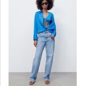 New Zara | Blue Ruched Cut Out Knit Top